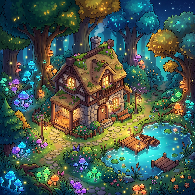 Enchanted forest cottage with glowing mushrooms
