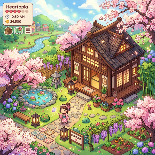 Japanese-style serene wooden house with cherry blossoms