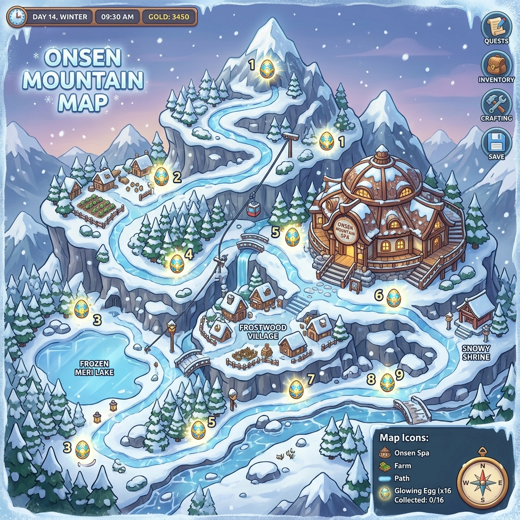 Heartopia Onsen Mountain Map with 16 Egg Locations