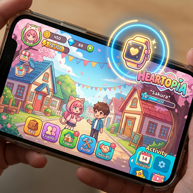 Highlighted smartwatch HUD icon in the top right corner of the Heartopia screen
